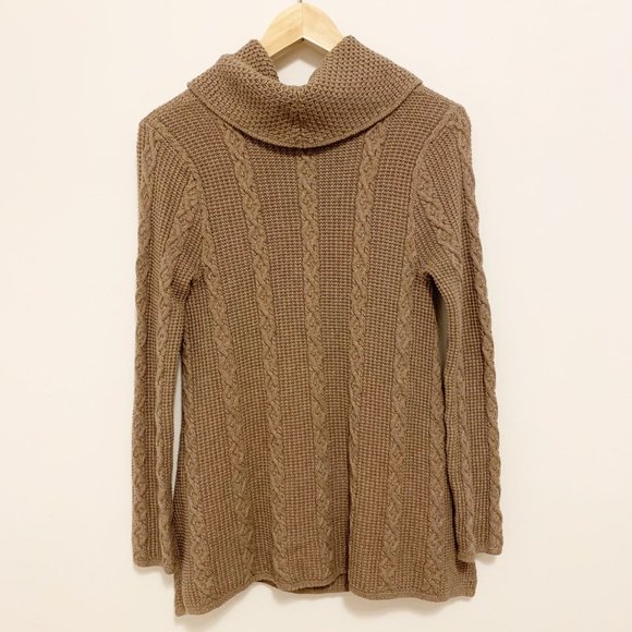 Jeanne Pierre Long Sleeve Cowl Neck Cable Knit Sweater Brown Small - Picture 6 of 7